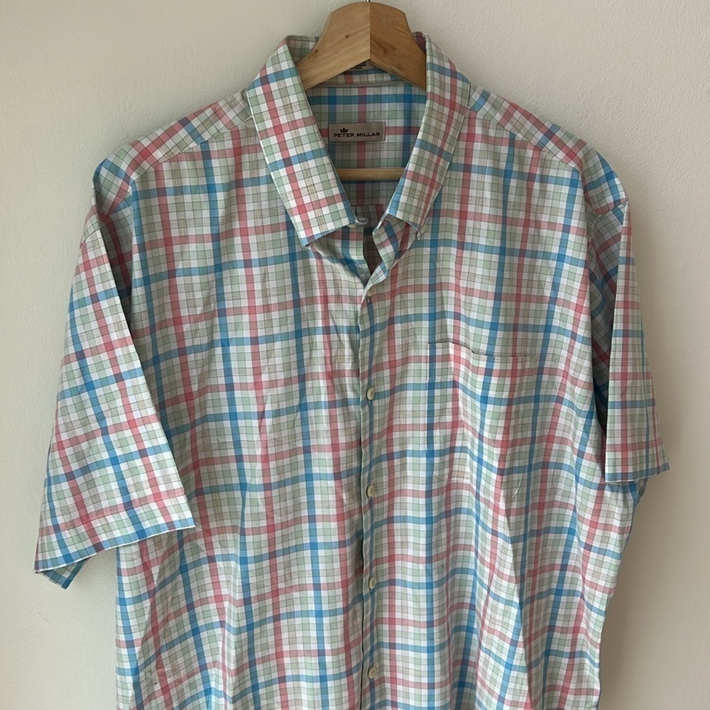 PETER MILLAR Check Casual Short Sleeve Summer Button Down Shirt XL Big Tall